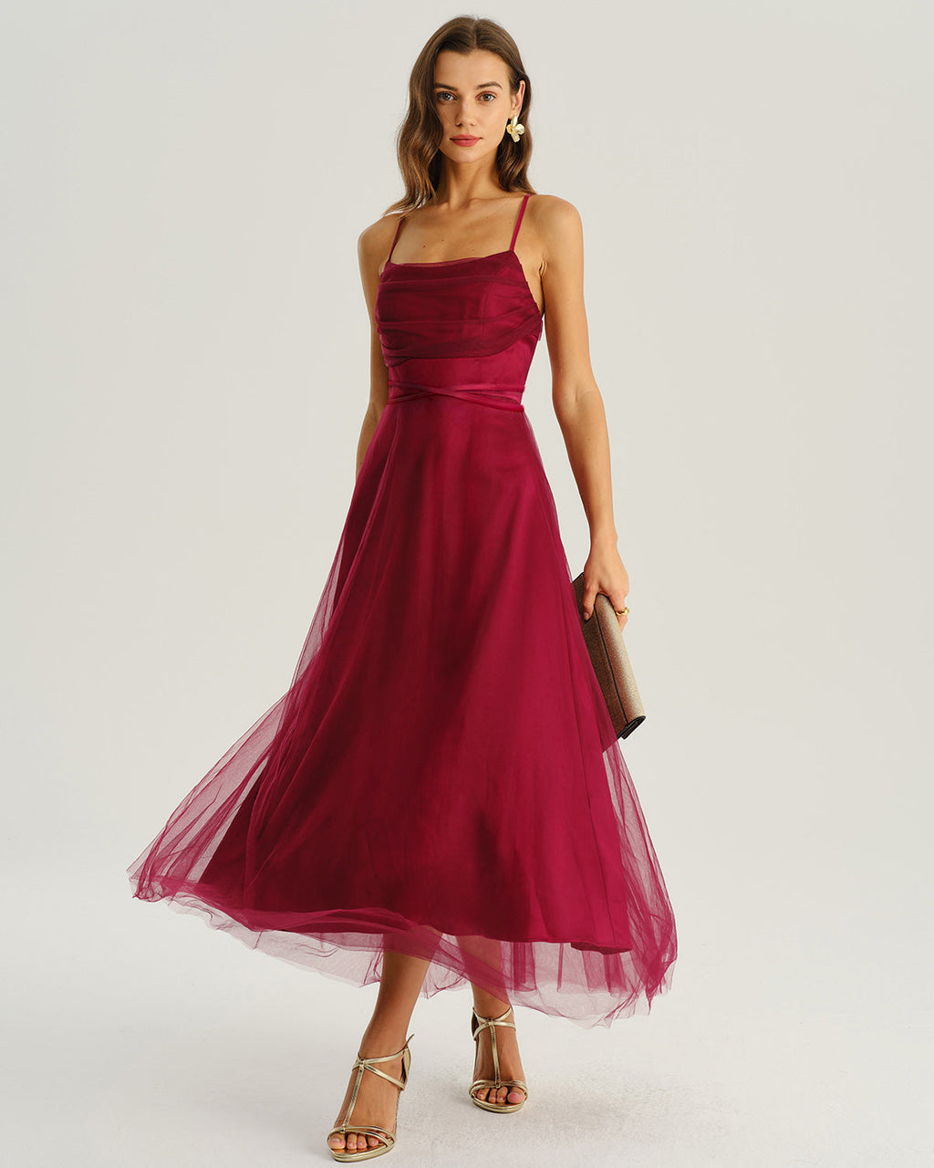 Wine Red Mesh Flowy Slip Midi Dress