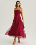 Wine Red Mesh Flowy Slip Midi Dress