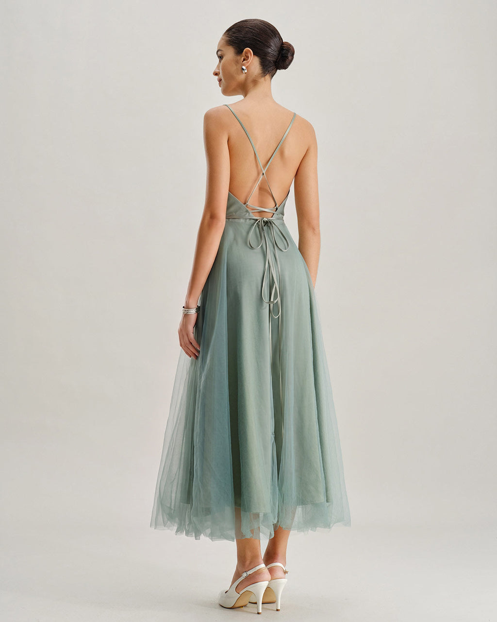 Green Mesh Flowy Slip Midi Dress