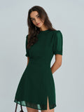 Green Chiffon Mock Neck Mini Dress