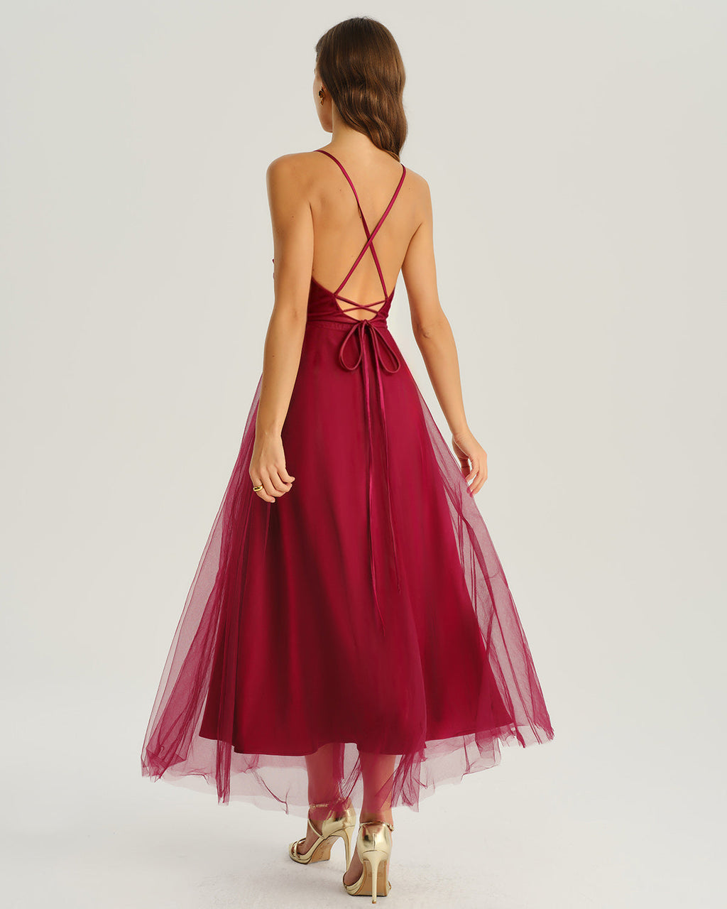 Wine Red Mesh Flowy Slip Midi Dress