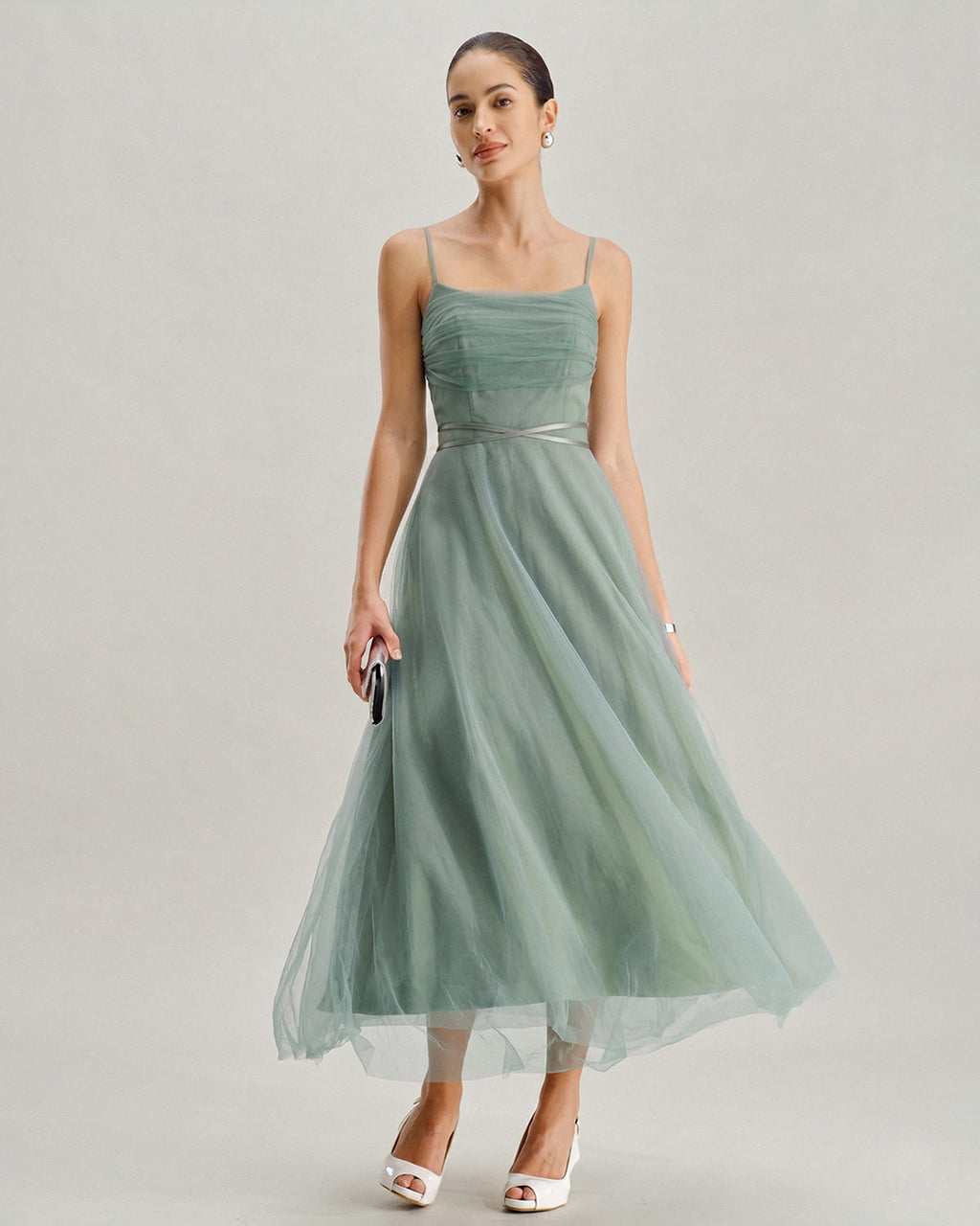 Green Mesh Flowy Slip Midi Dress