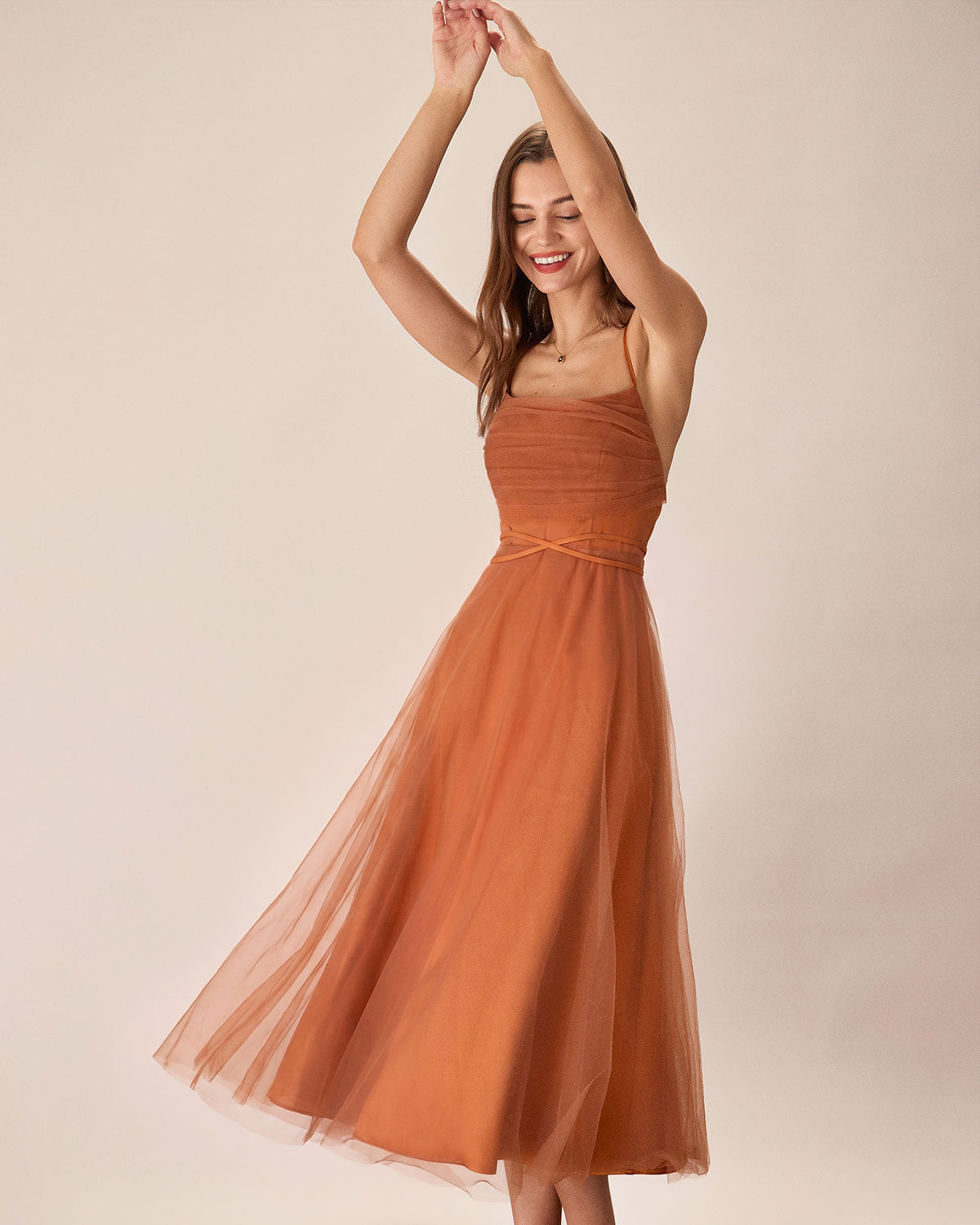 Caramel Mesh Flowy Slip Midi Dress