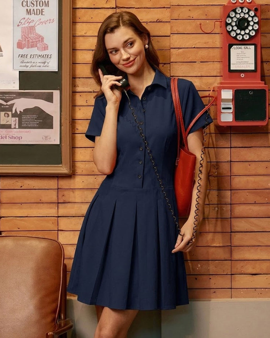 Navy Button Pleated Mini Dress
