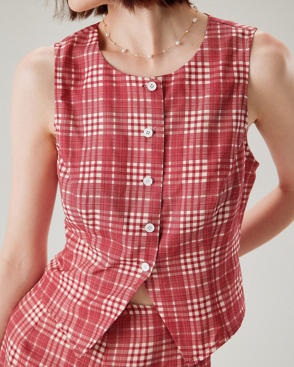 Red Plaid Single Breasted Vest