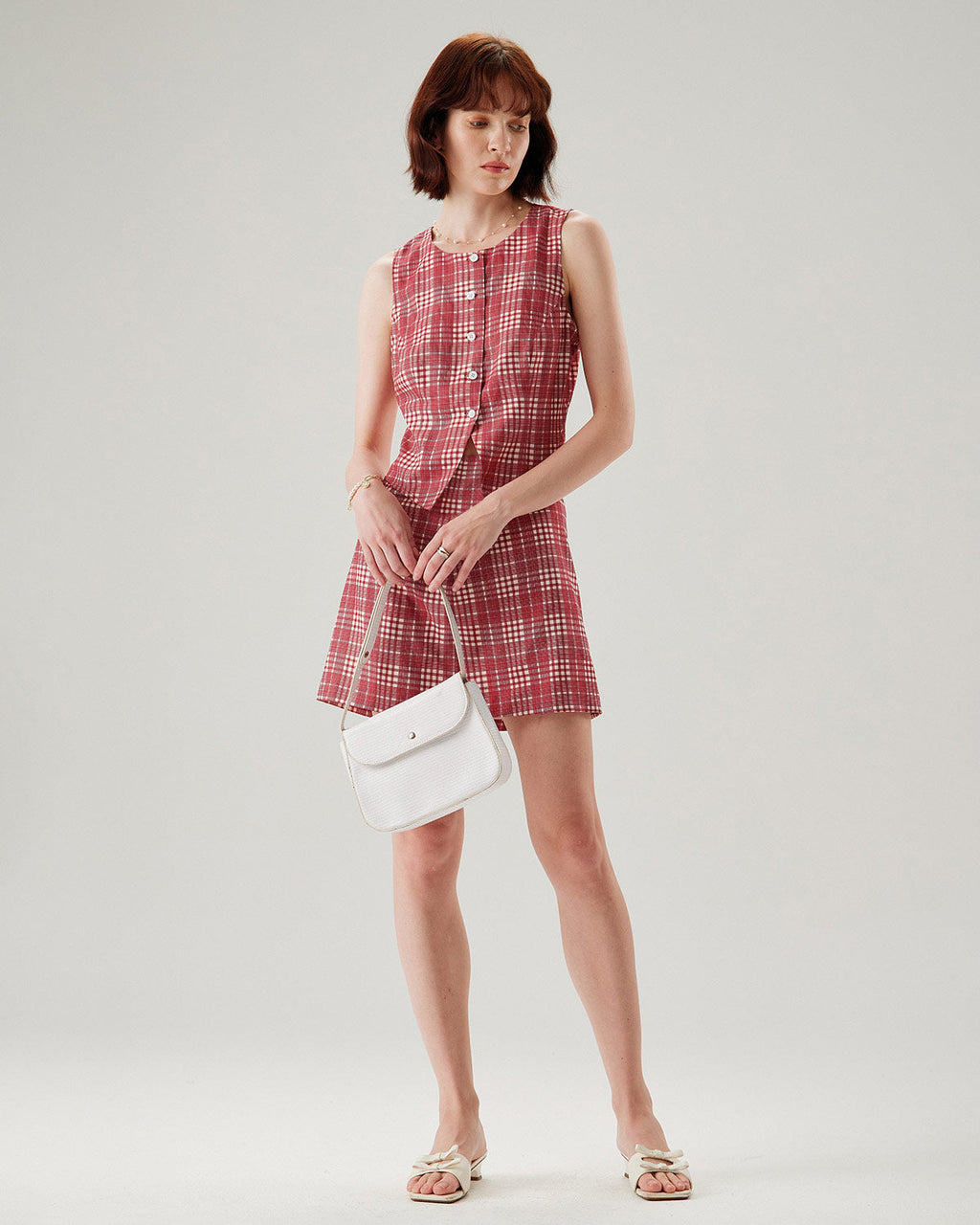 Red Plaid Single Breasted Vest