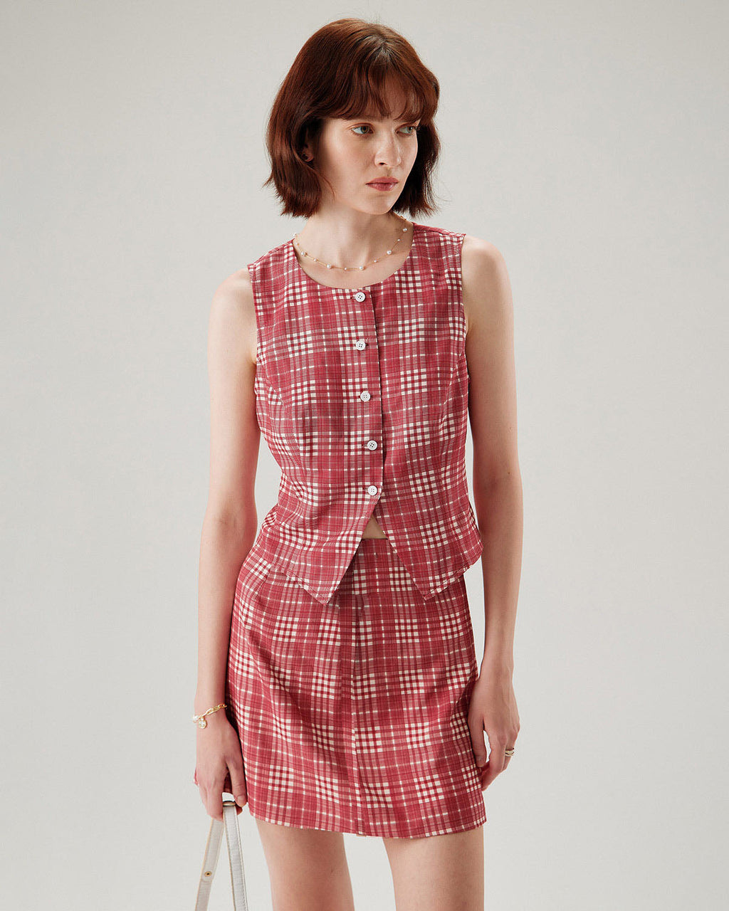 Red Plaid Single Breasted Vest