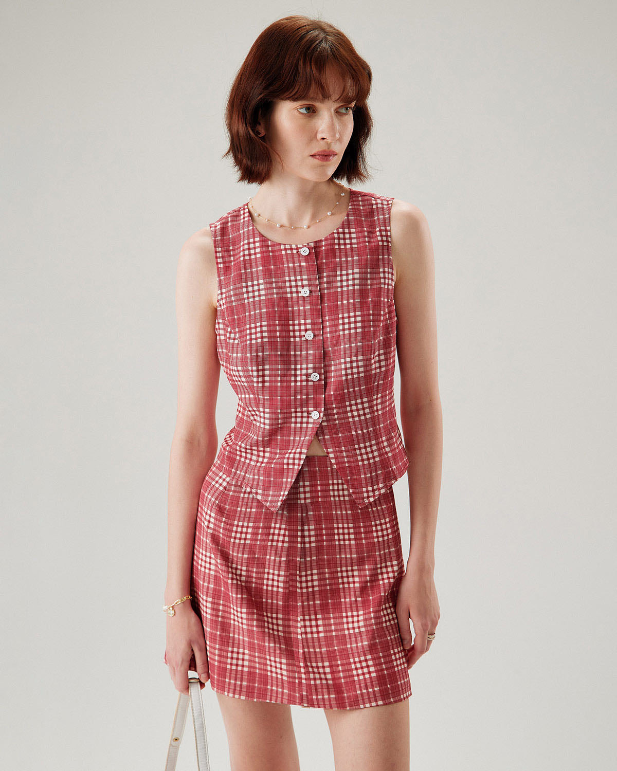 Red Plaid Single Breasted Vest