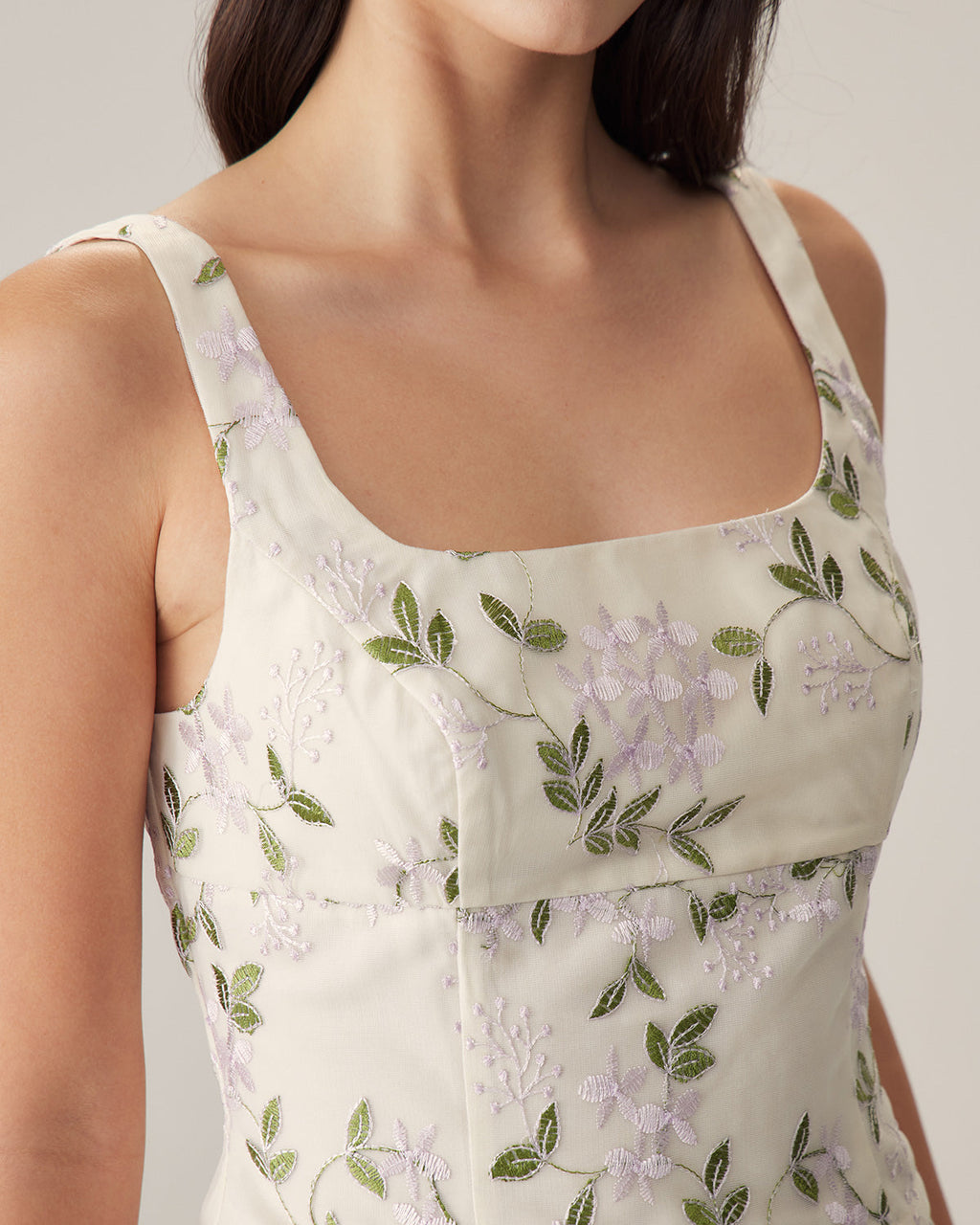 Beige Floral Slim Tank Top
