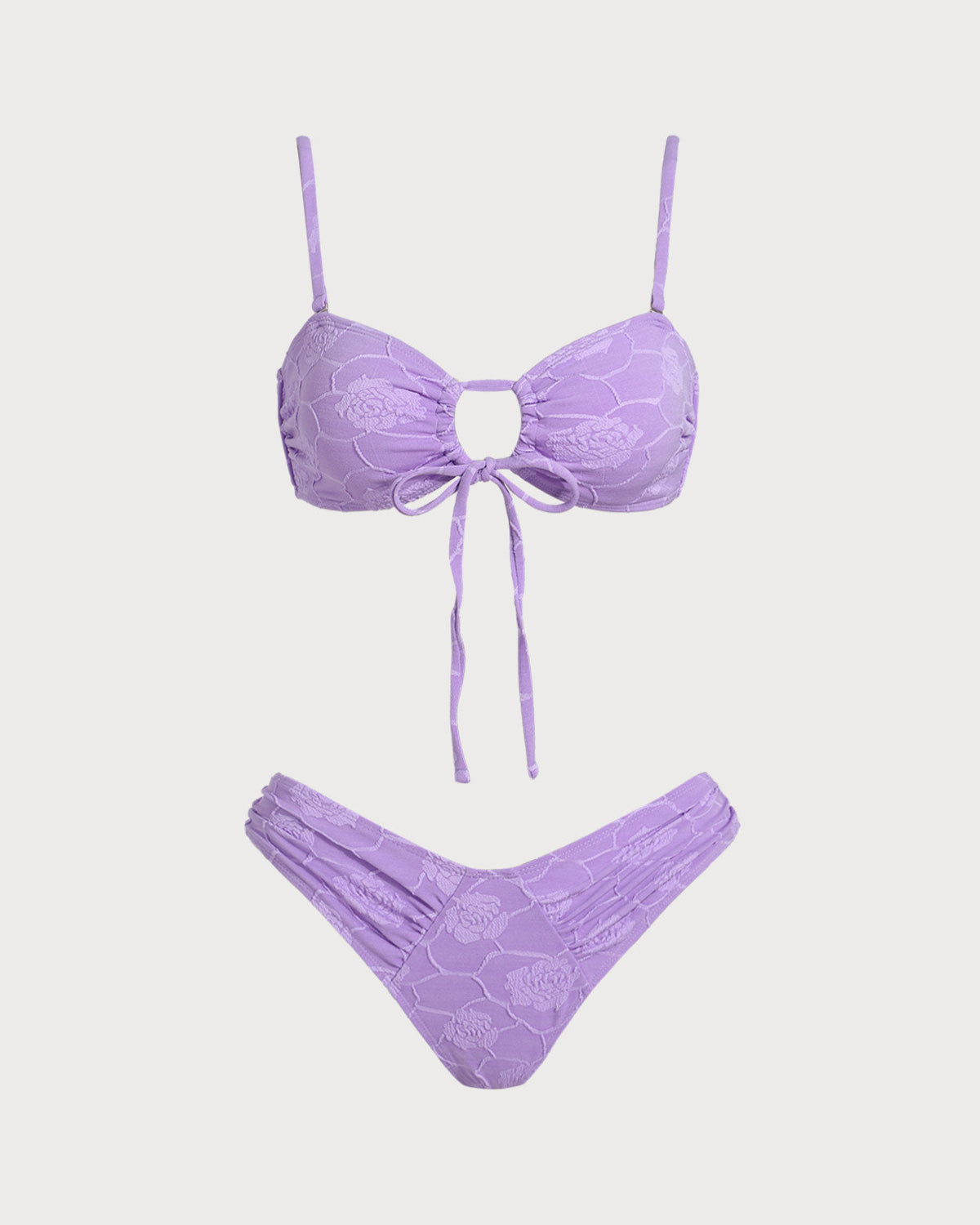 Purple Floral Textured Bandeau Bikini Set