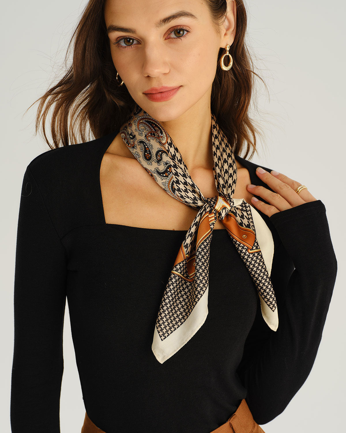 Brown Floral Satin Scarf