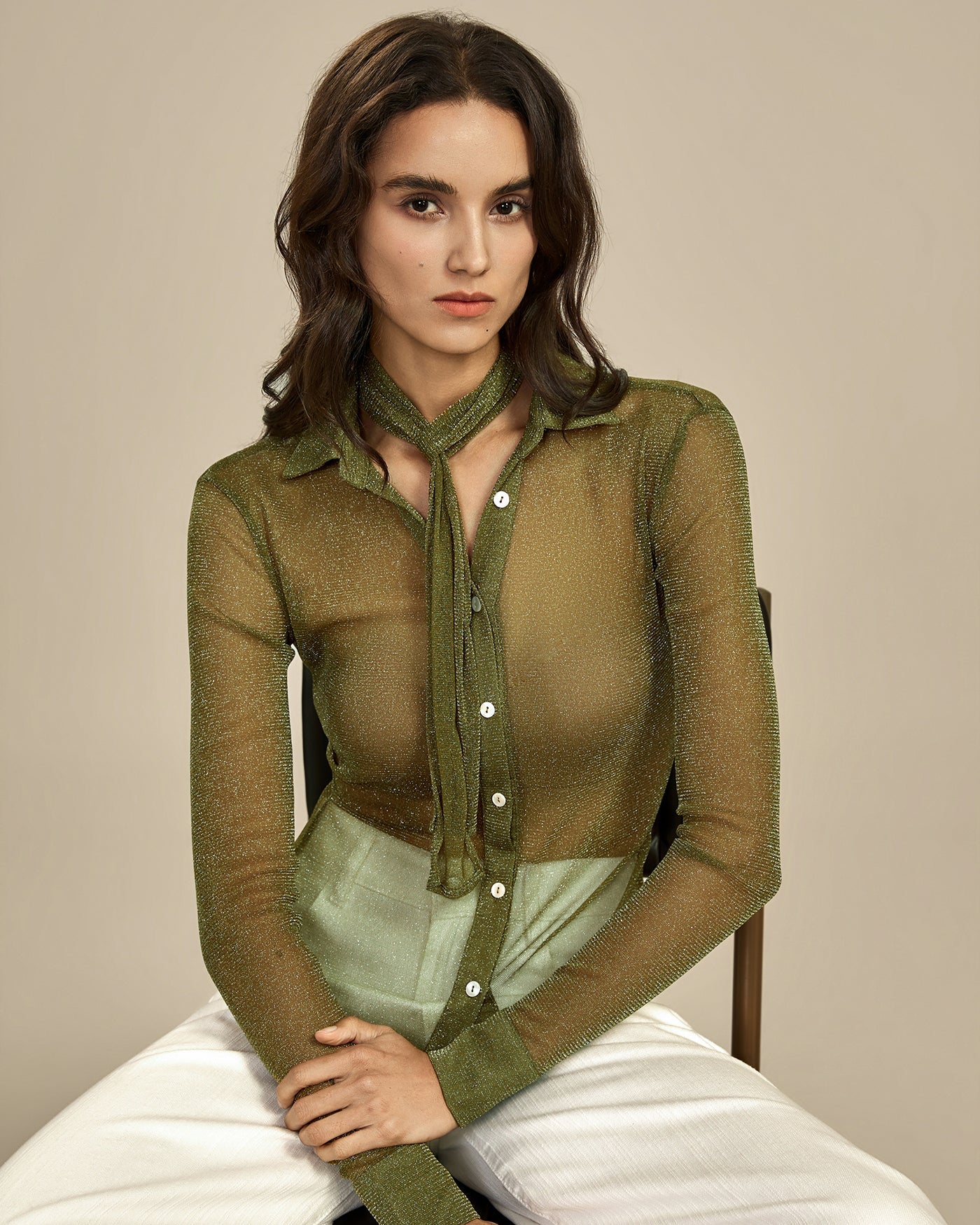 Green See Through Collar Shirt
