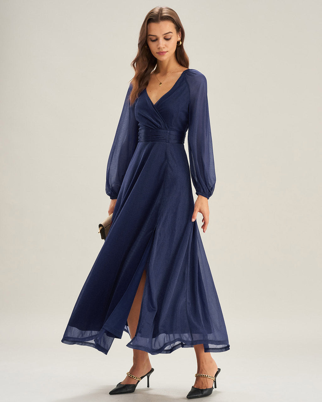 Blue V Neck A-Line Maxi Dress