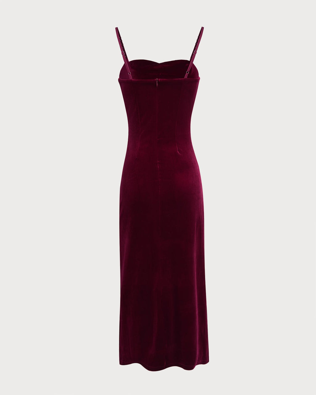 Wine Red Sleeveless Straps Velour Midi Dress