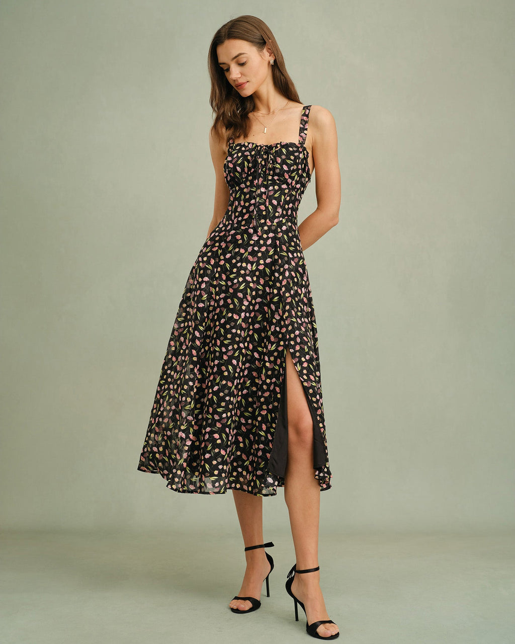 Black Floral Zipper Slip Midi Dress