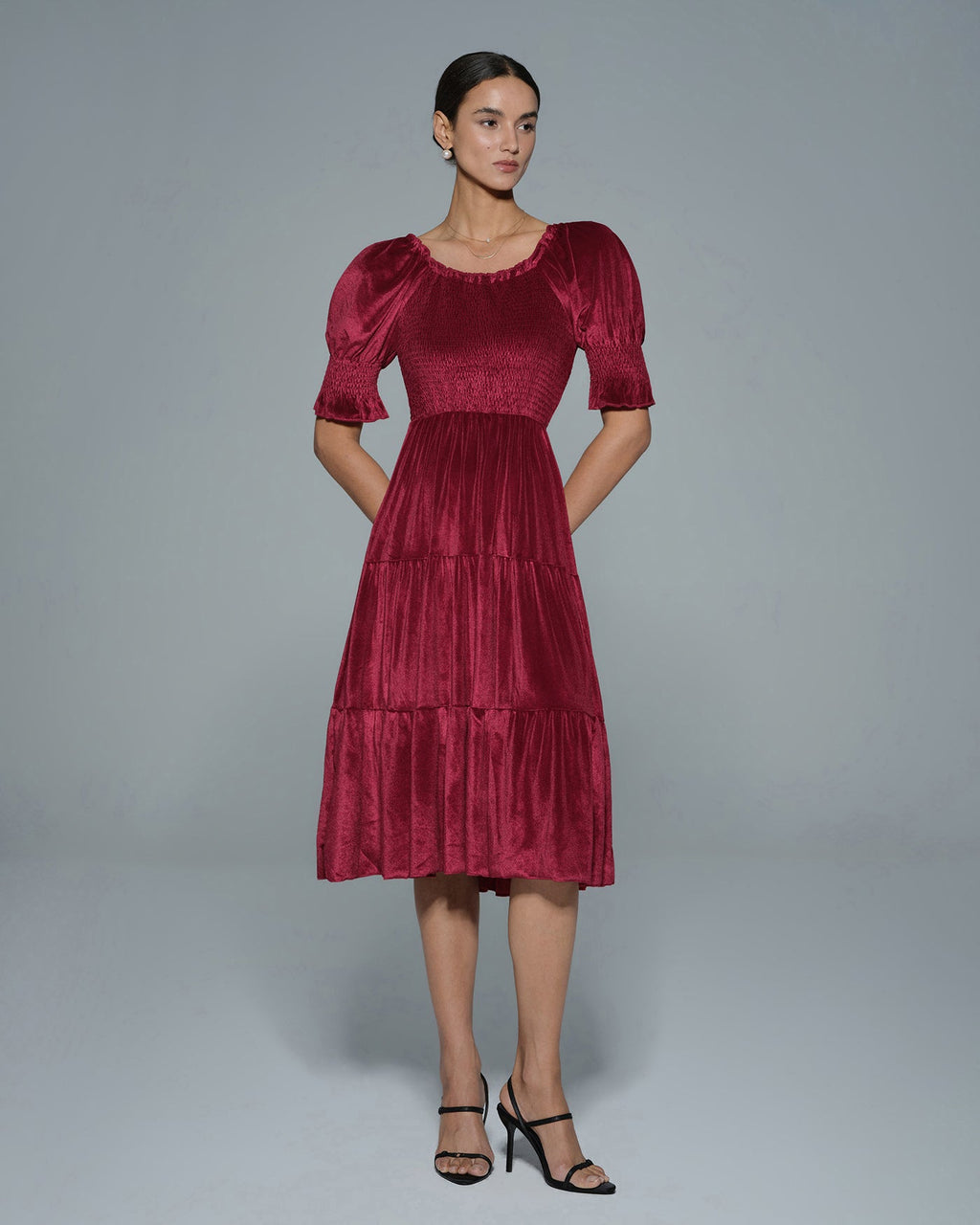 Red Lantern Sleeve U Neck A-Line Midi Dress