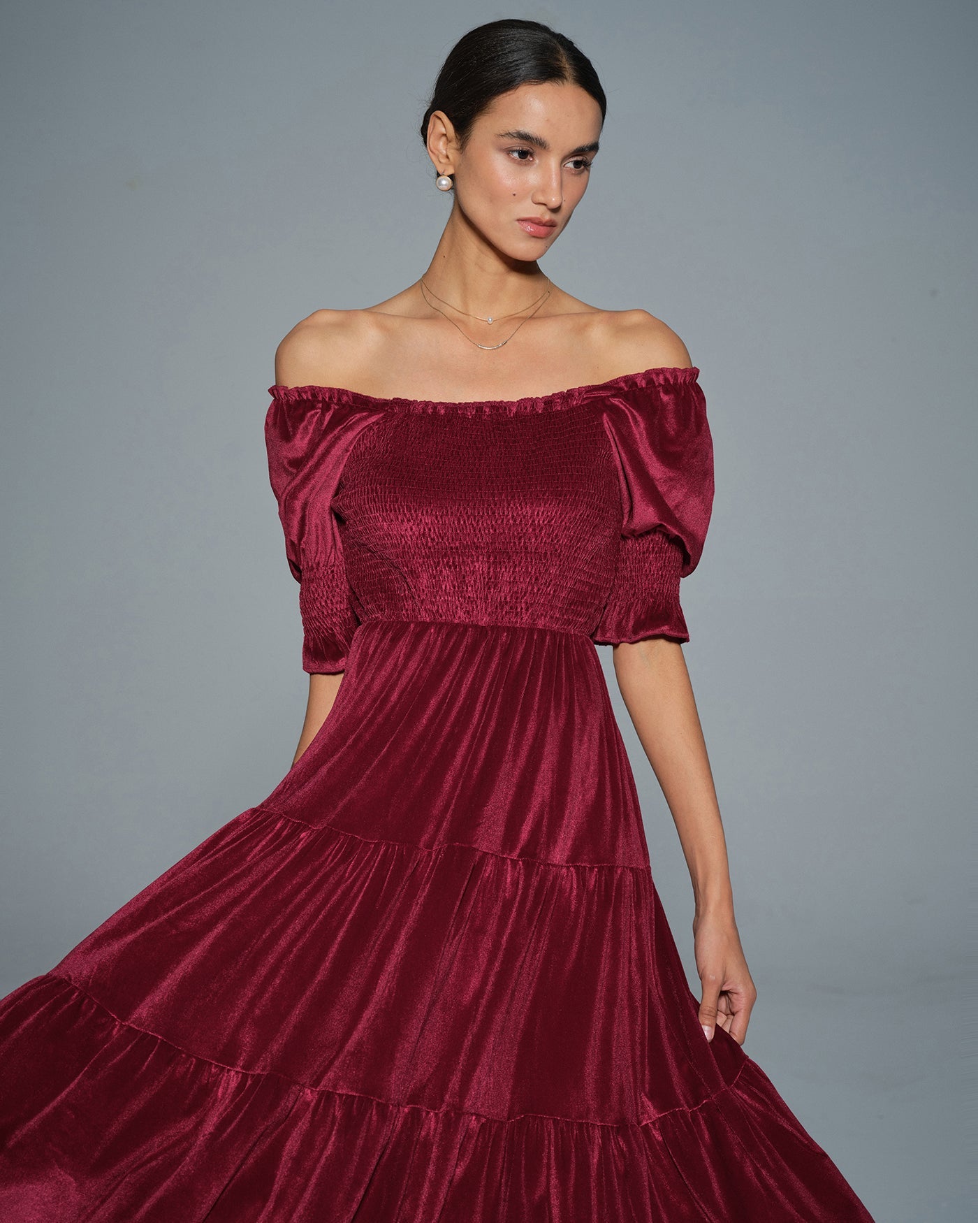 Red Lantern Sleeve U Neck A-Line Midi Dress