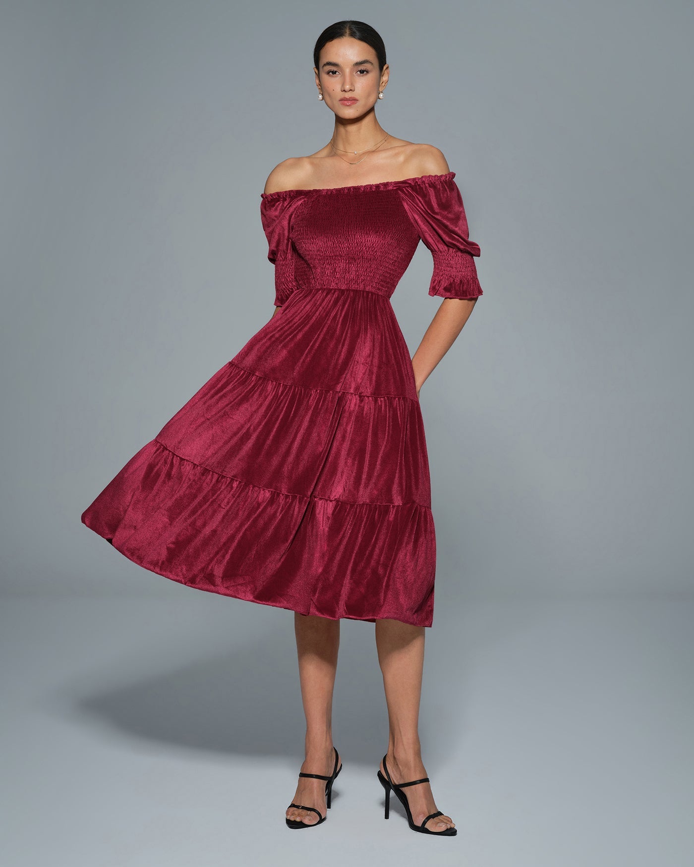 Red Lantern Sleeve U Neck A-Line Midi Dress
