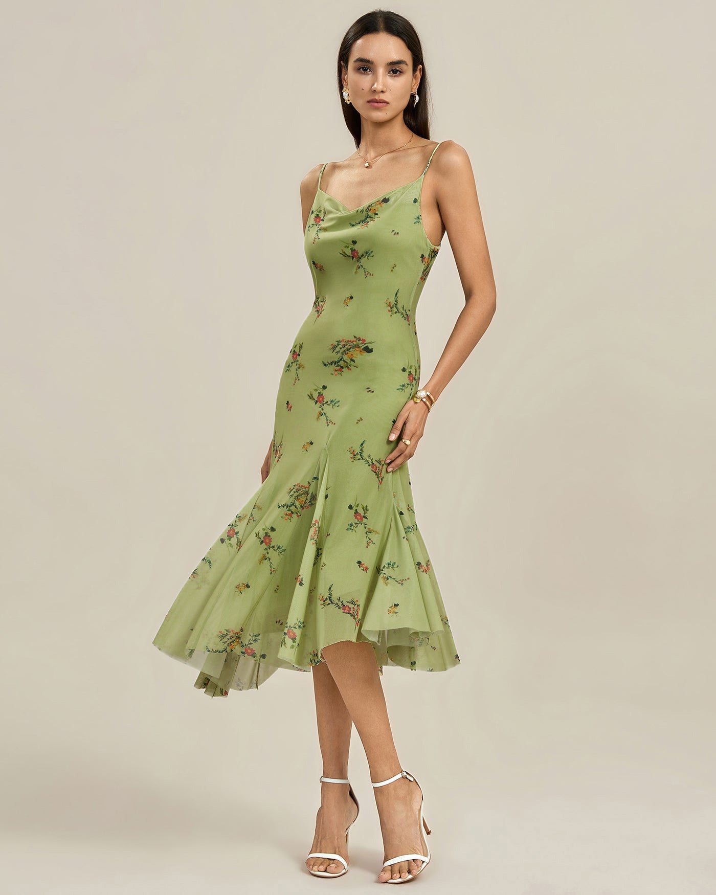 Green Textured Floral Slip Midi Dress