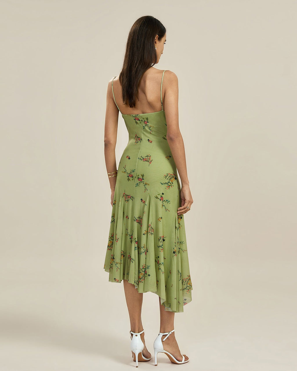 Green Textured Floral Slip Midi Dress