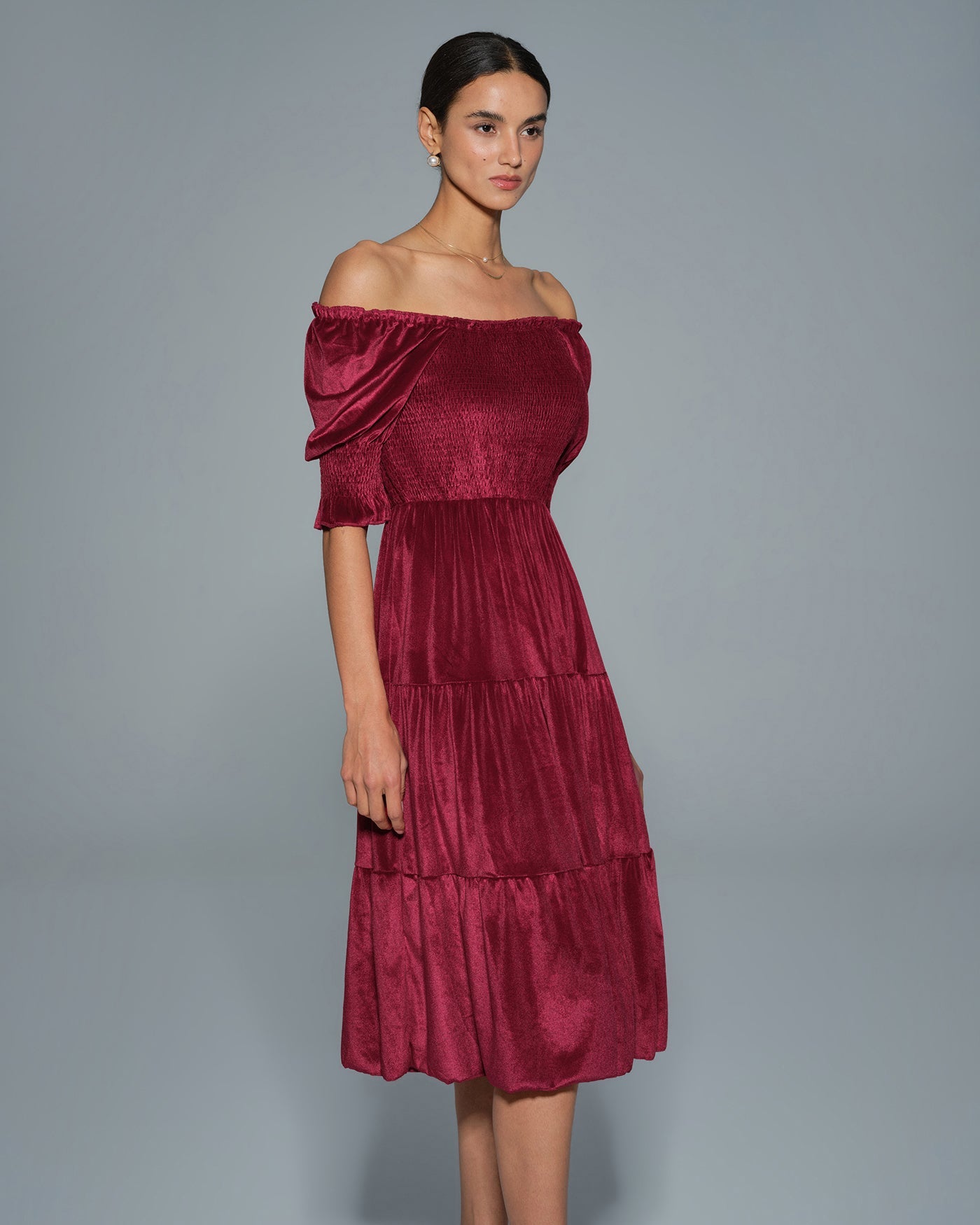 Red Lantern Sleeve U Neck A-Line Midi Dress