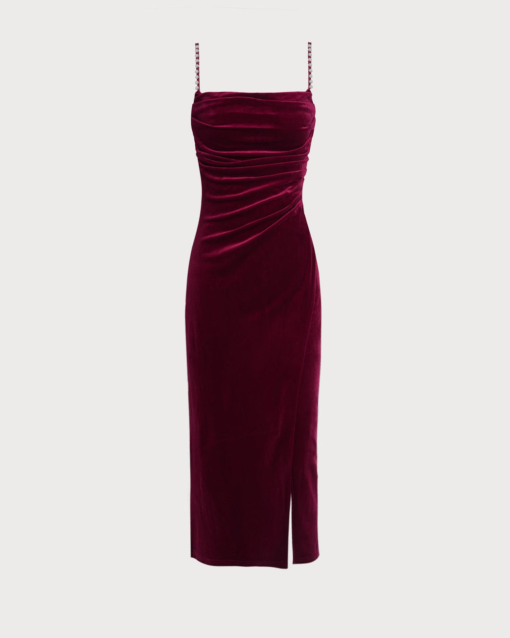 Wine Red Sleeveless Straps Velour Midi Dress