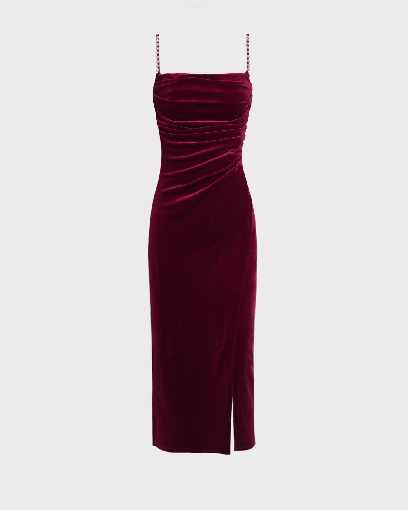Wine Red Sleeveless Straps Velour Midi Dress