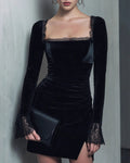 Black Square Neck Velour Mini Dress