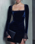 Blue Velour Square Neck Mini Dress