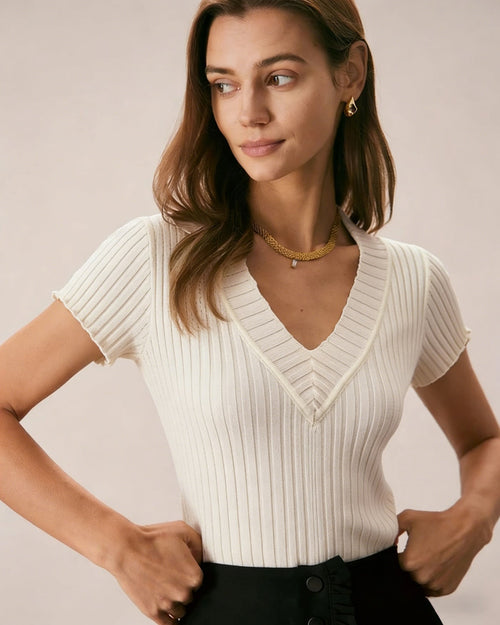 Apricot Textured  V Neck Tee