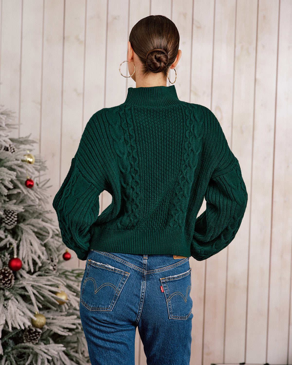 Green Mock Neck Lantern Sleeve Sweater