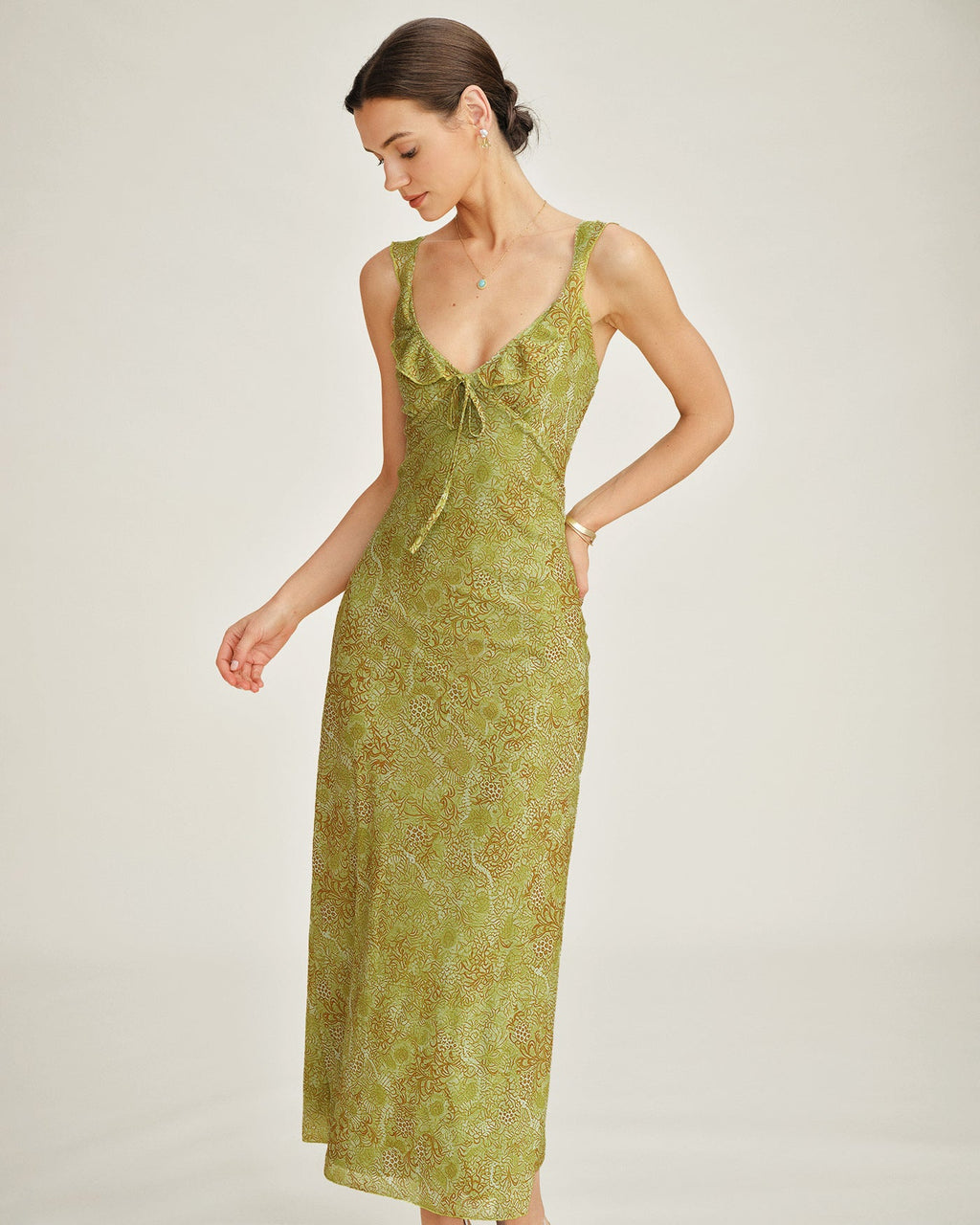 Green Sleeveless Floral Slip Maxi Dress