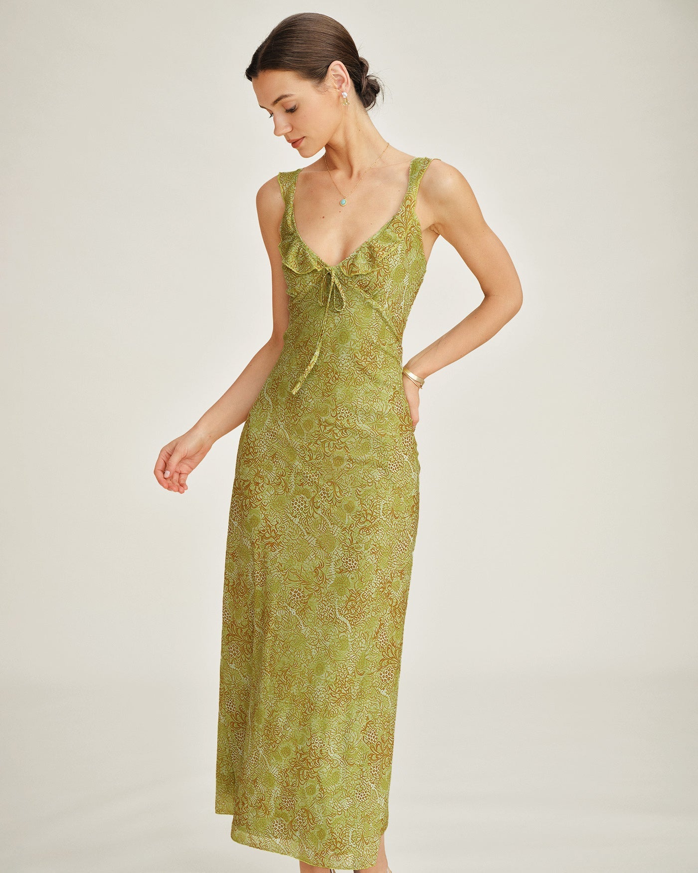 Green Sleeveless Floral Slip Maxi Dress
