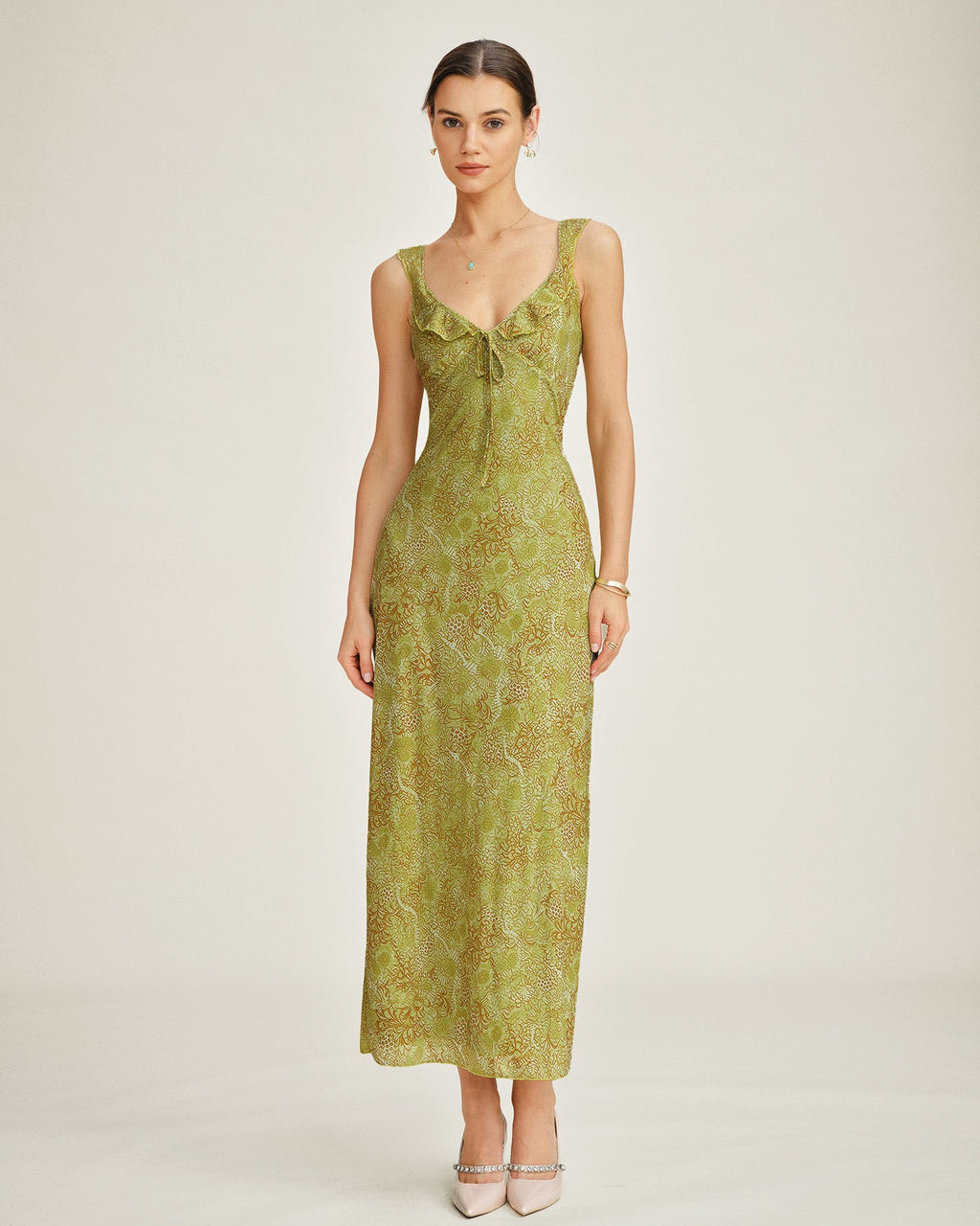 Green Sleeveless Floral Slip Maxi Dress