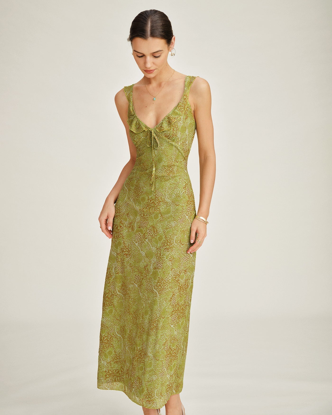 Green Sleeveless Floral Slip Maxi Dress