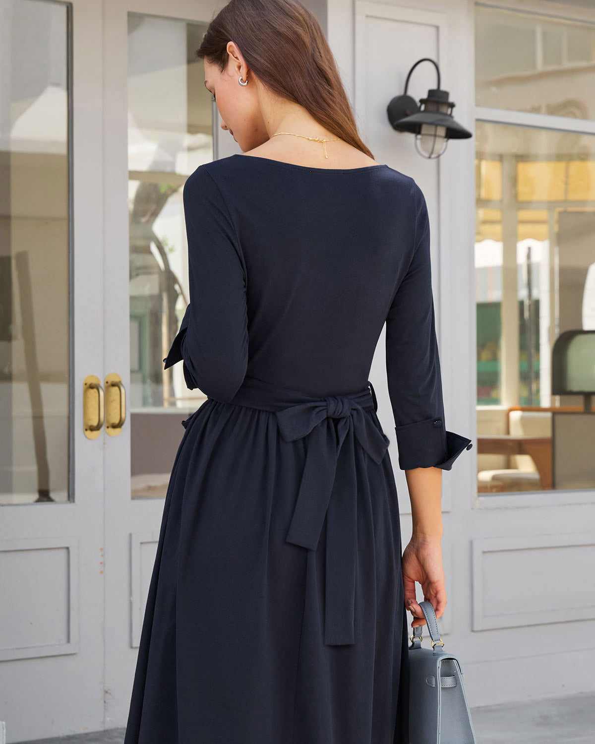 Navy Ruched Tie Waist Maxi Dress