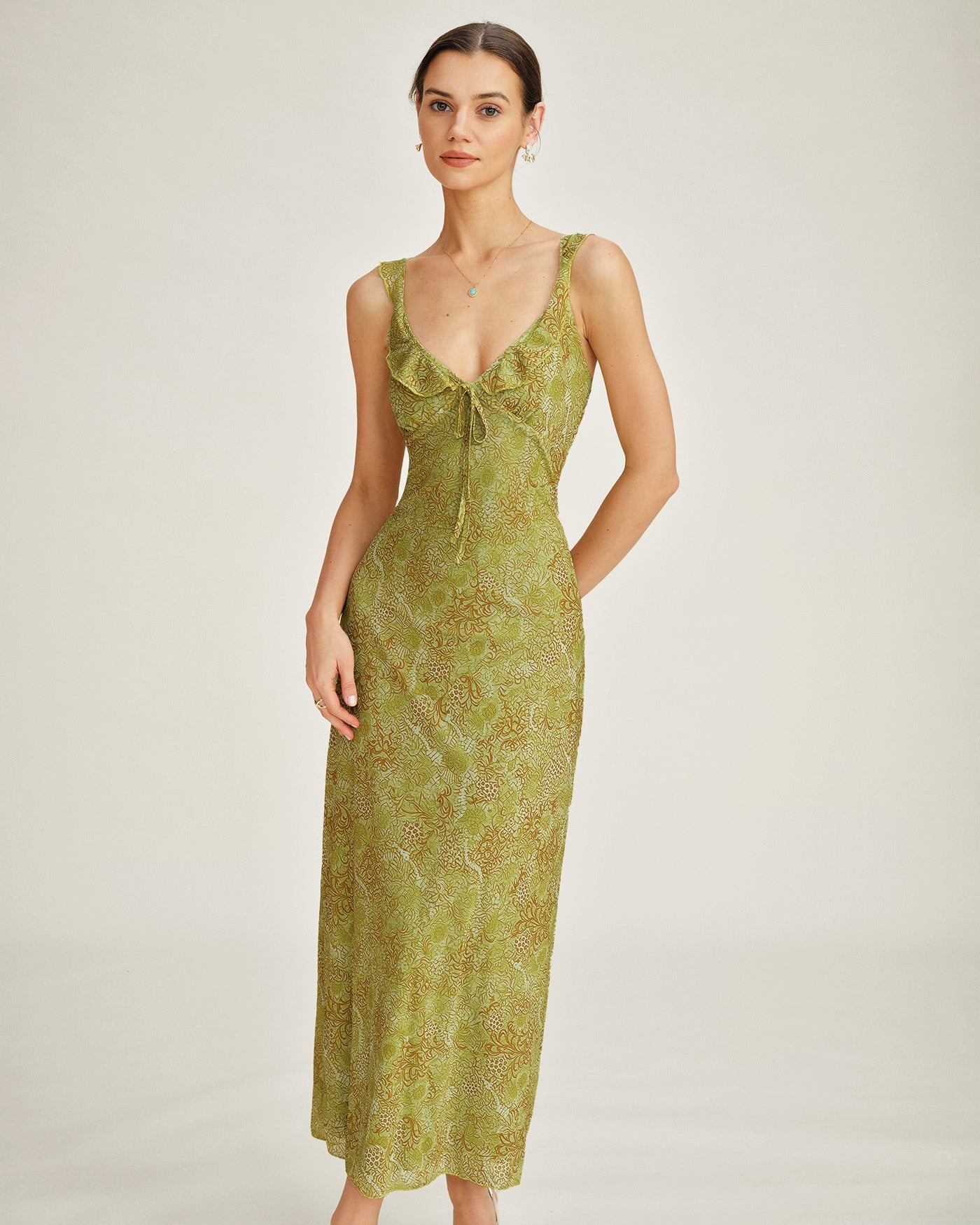 Green Sleeveless Floral Slip Maxi Dress