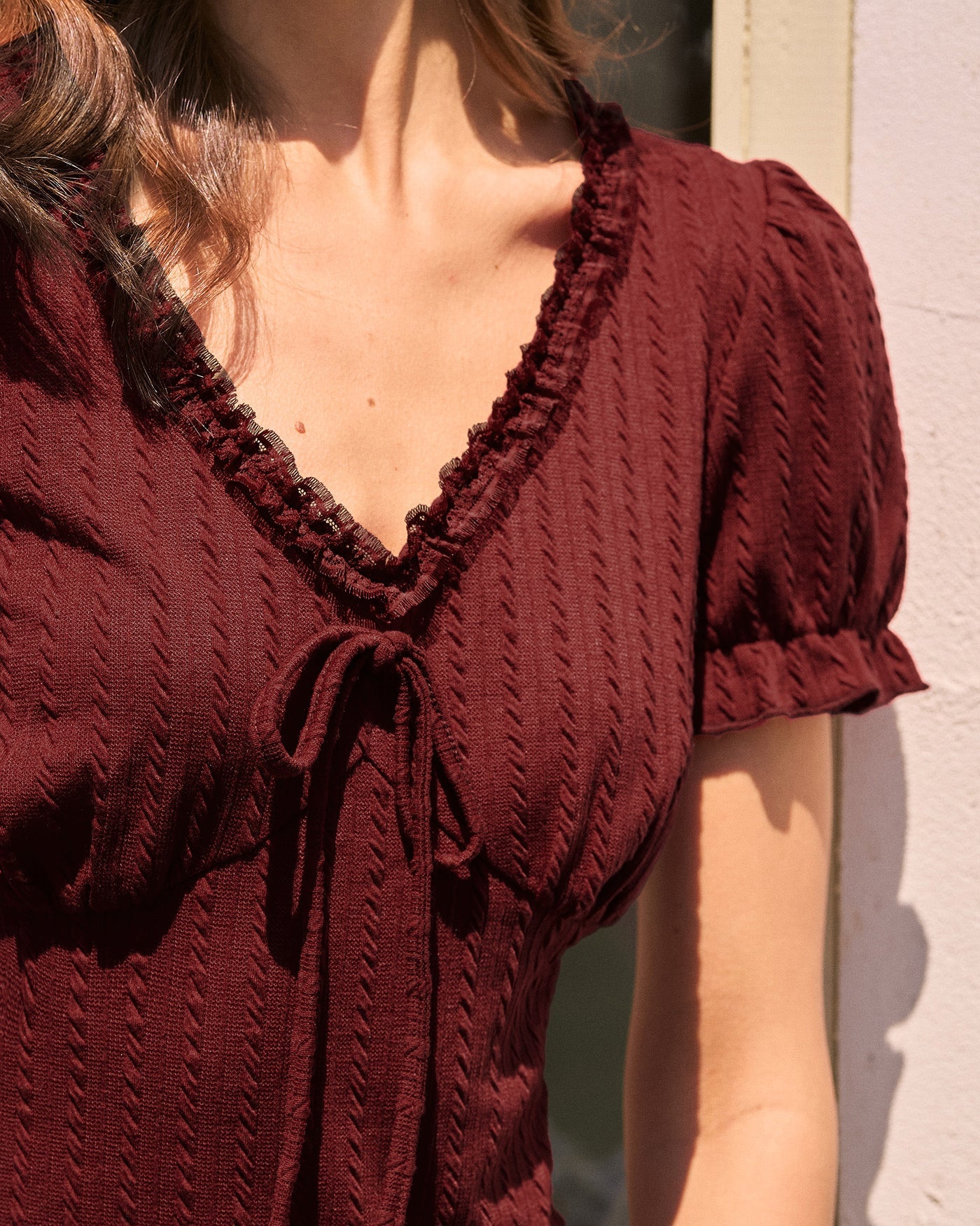 Wine Red V Neck Textured Tee