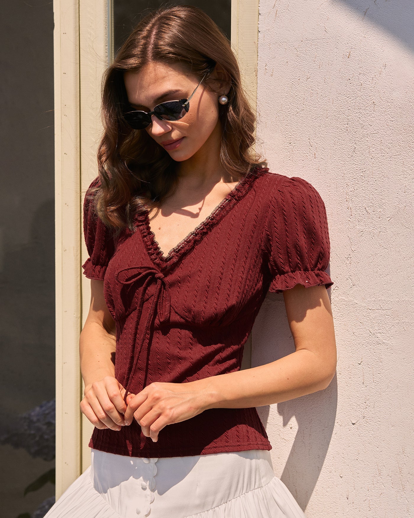 Wine Red V Neck Textured Tee