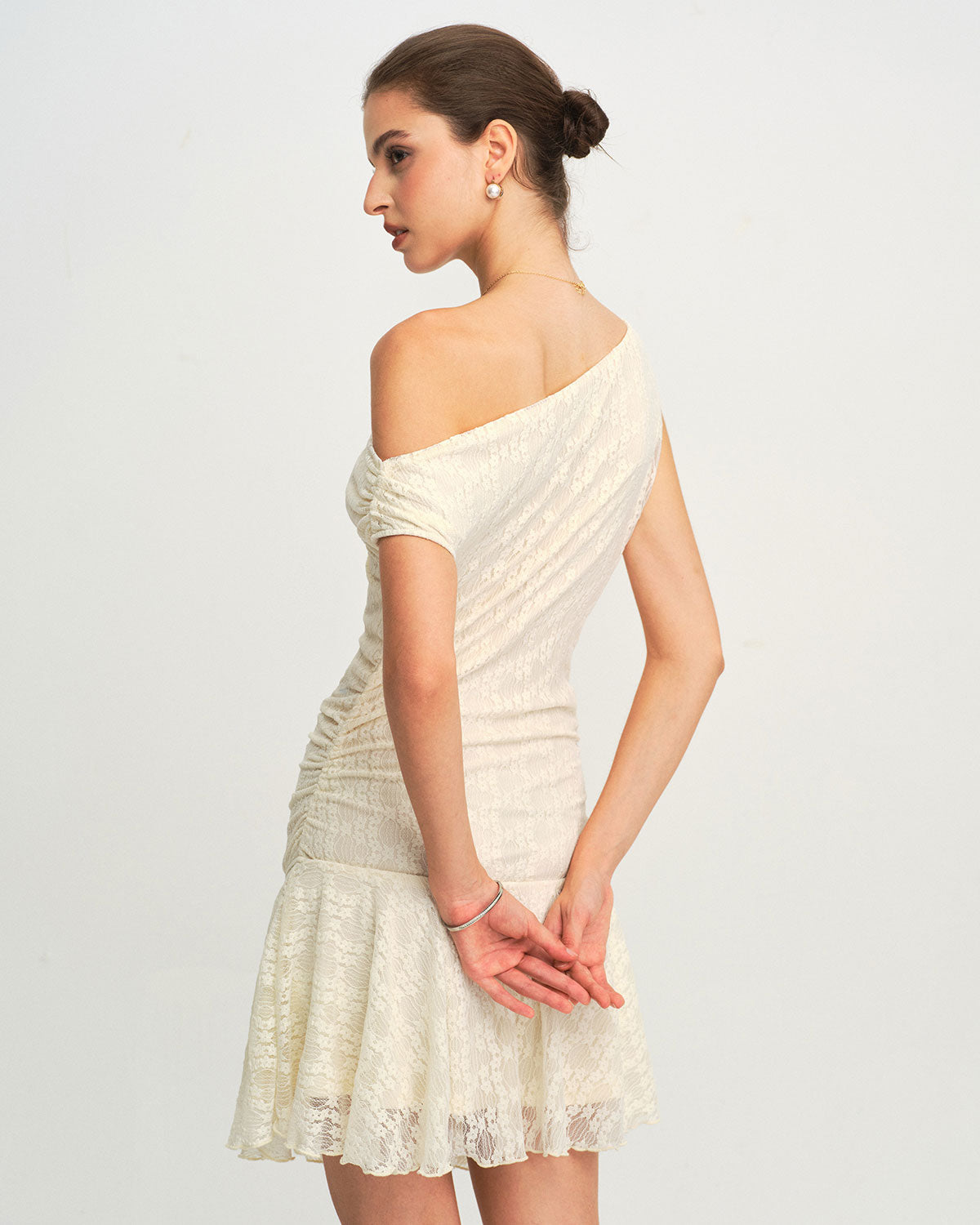 Beige Lace One Shoulder Mini Dress