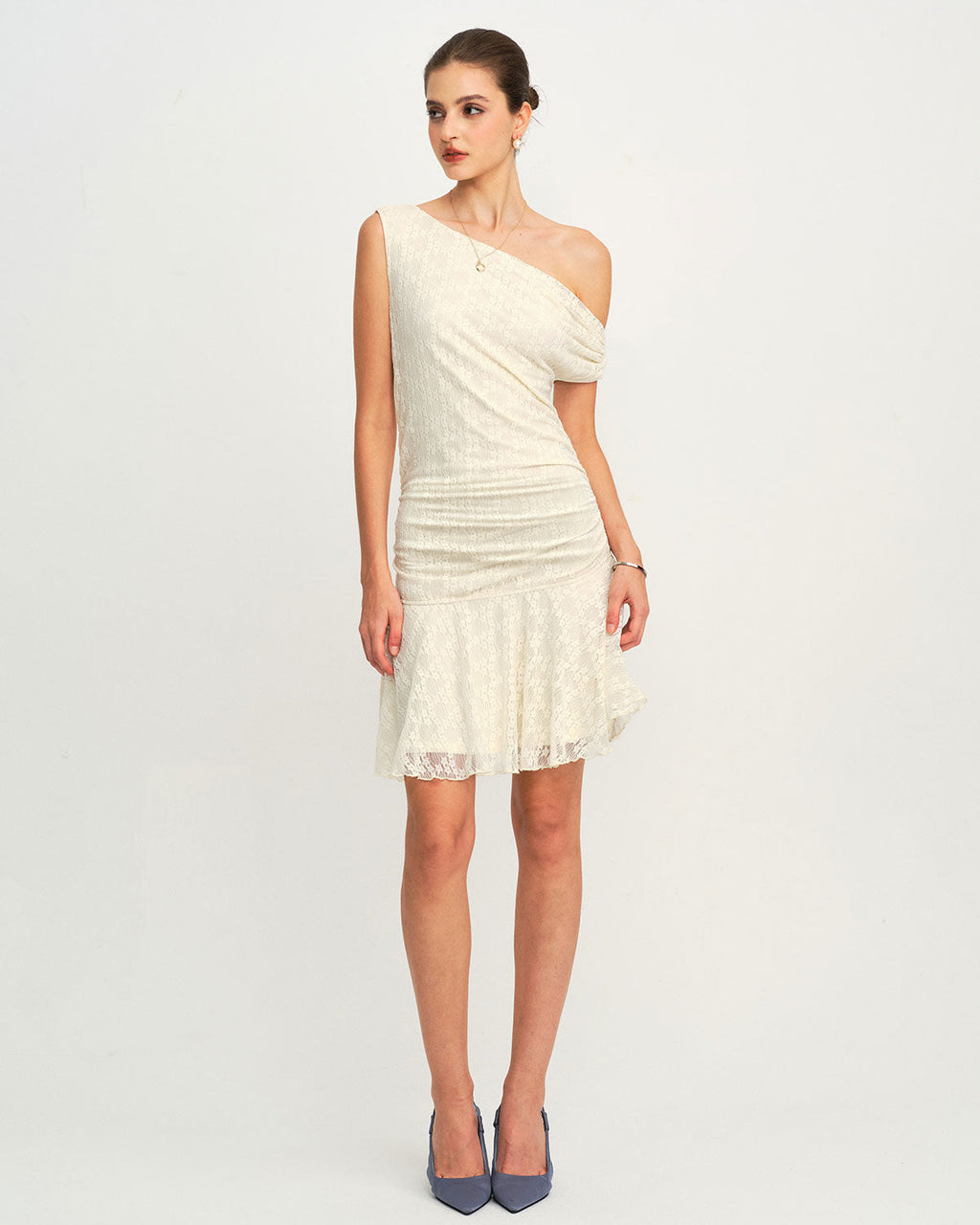 Beige Lace One Shoulder Mini Dress