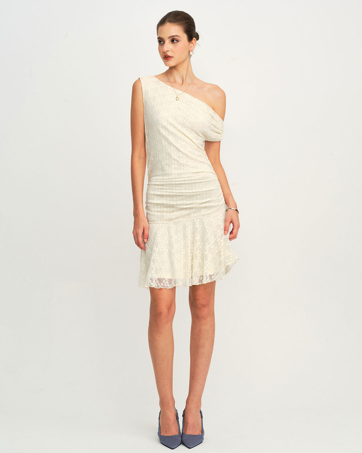 Beige Lace One Shoulder Mini Dress