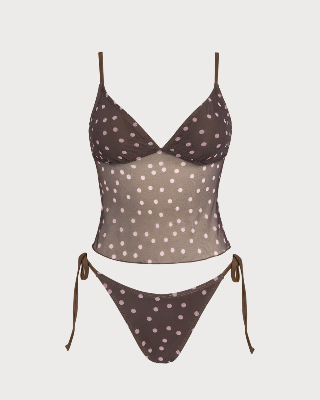 Coffee V Neck Polka Dot Tankini Set
