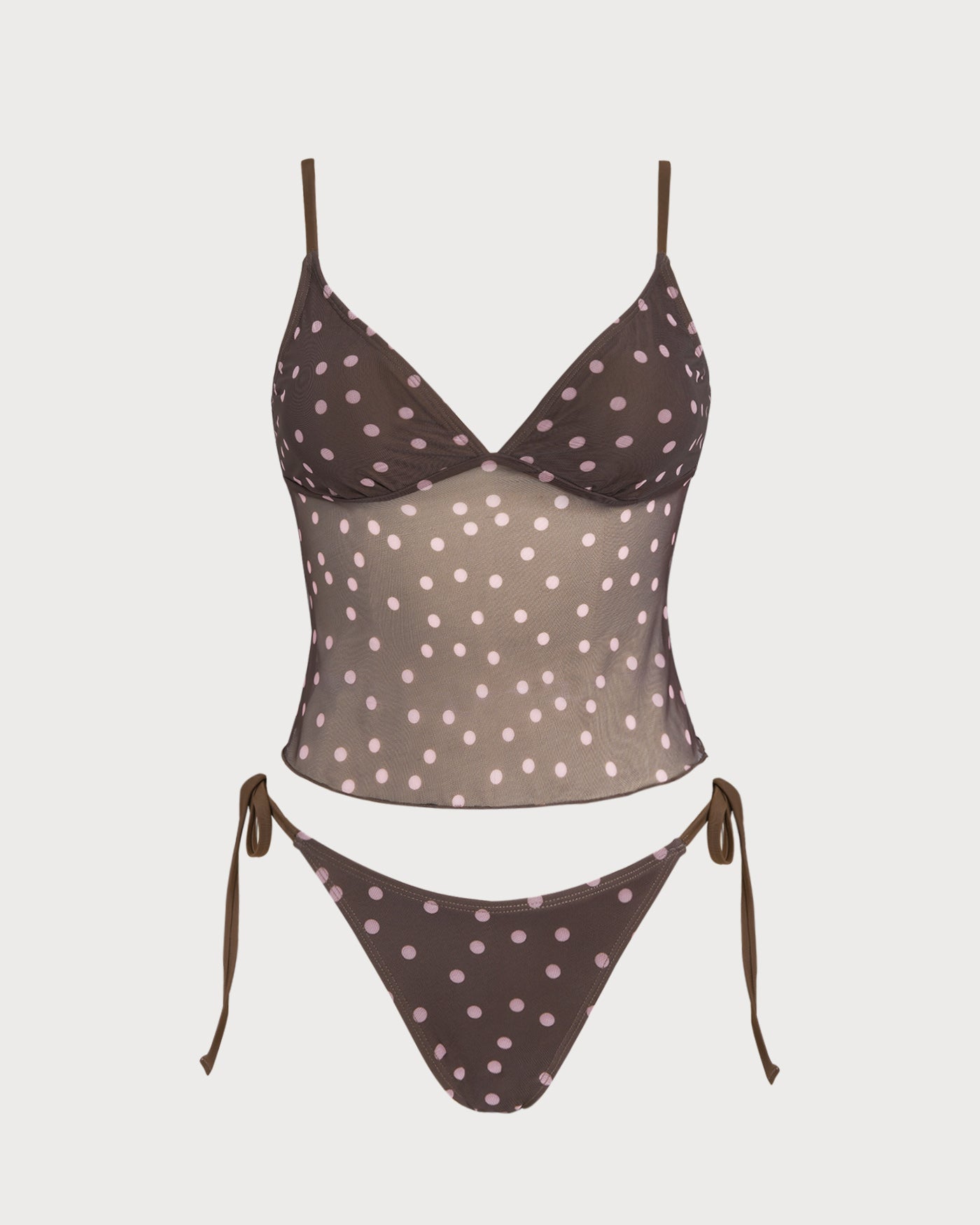 Coffee V Neck Polka Dot Tankini Set