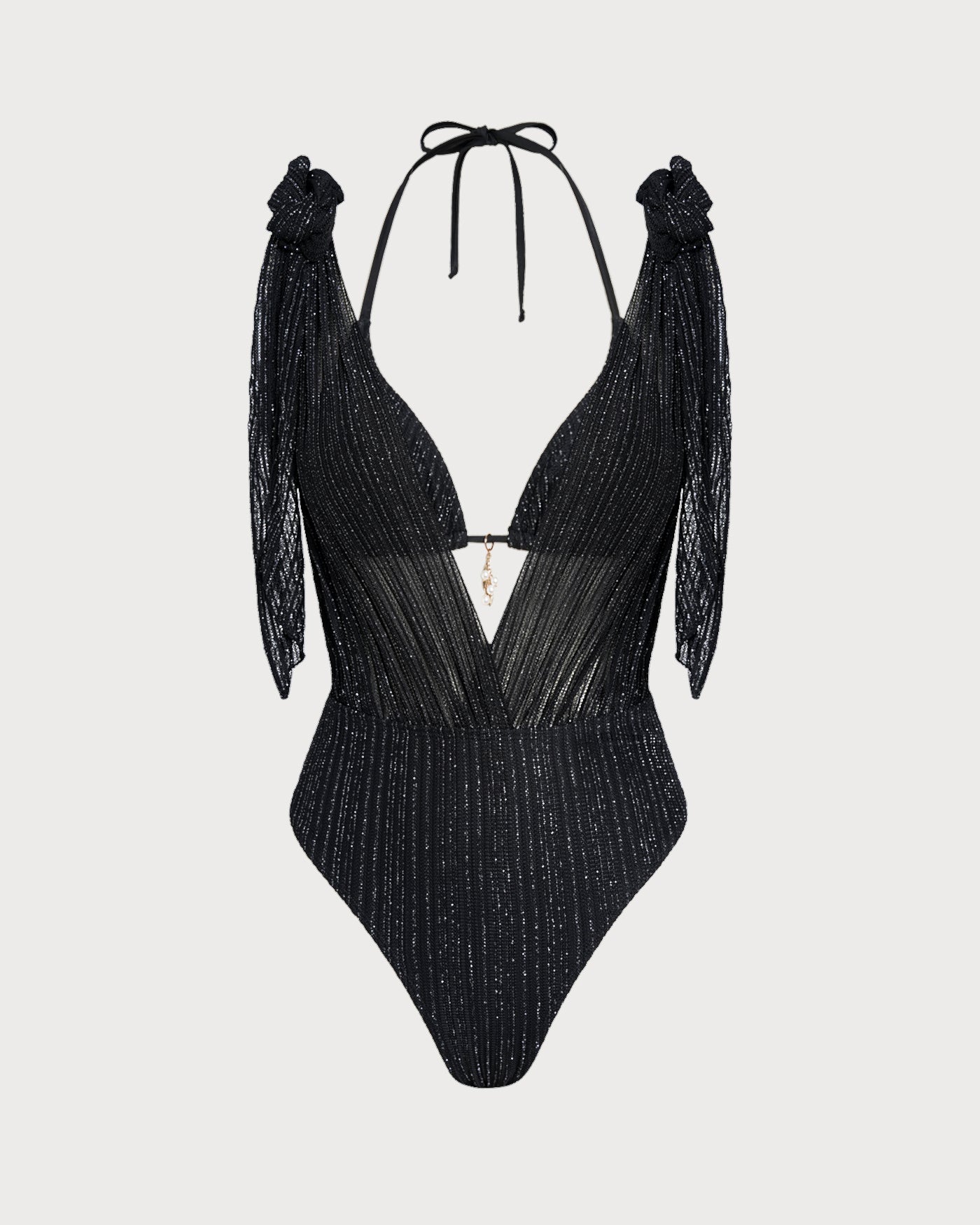 Black Halter Drawstring Triangle Bikini Set