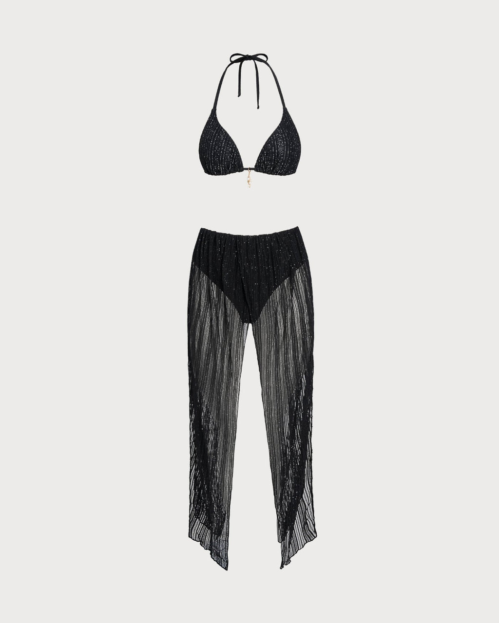Black Halter Drawstring Triangle Bikini Set