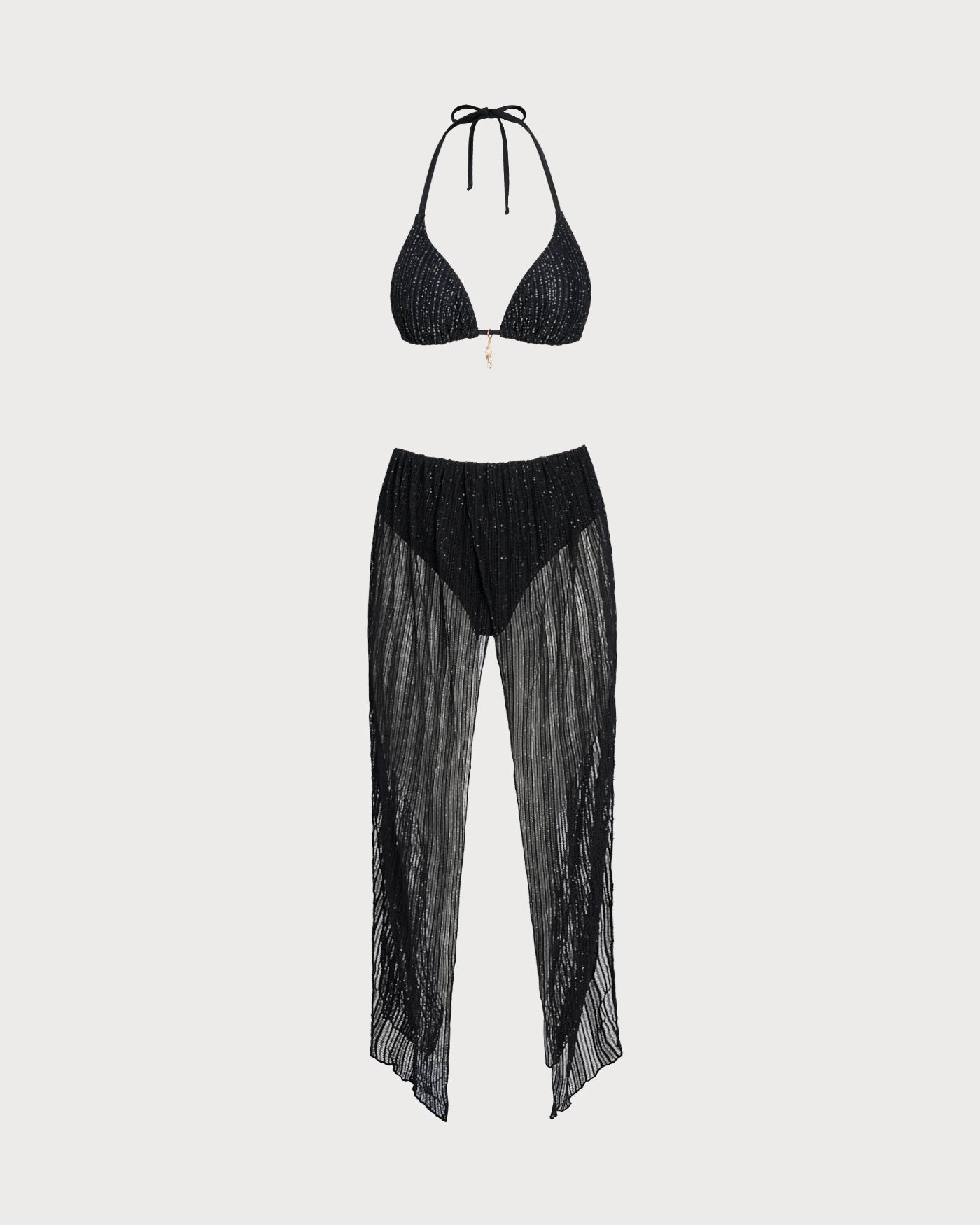 Black Halter Drawstring Triangle Bikini Set