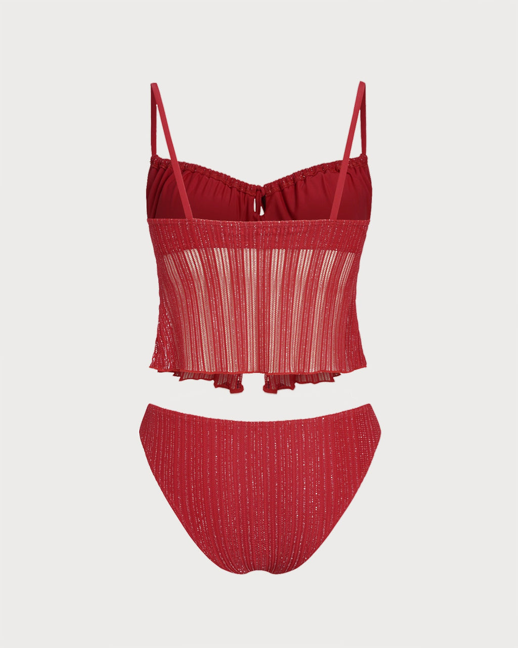 Red Square Neck Sequins Tankini Set