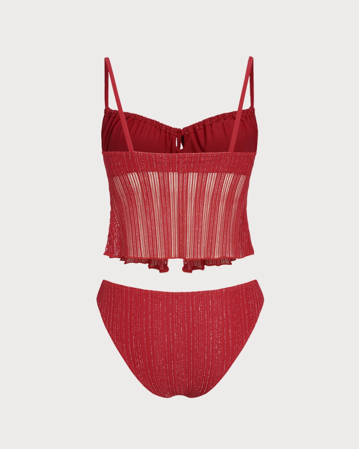 Red Square Neck Sequins Tankini Set