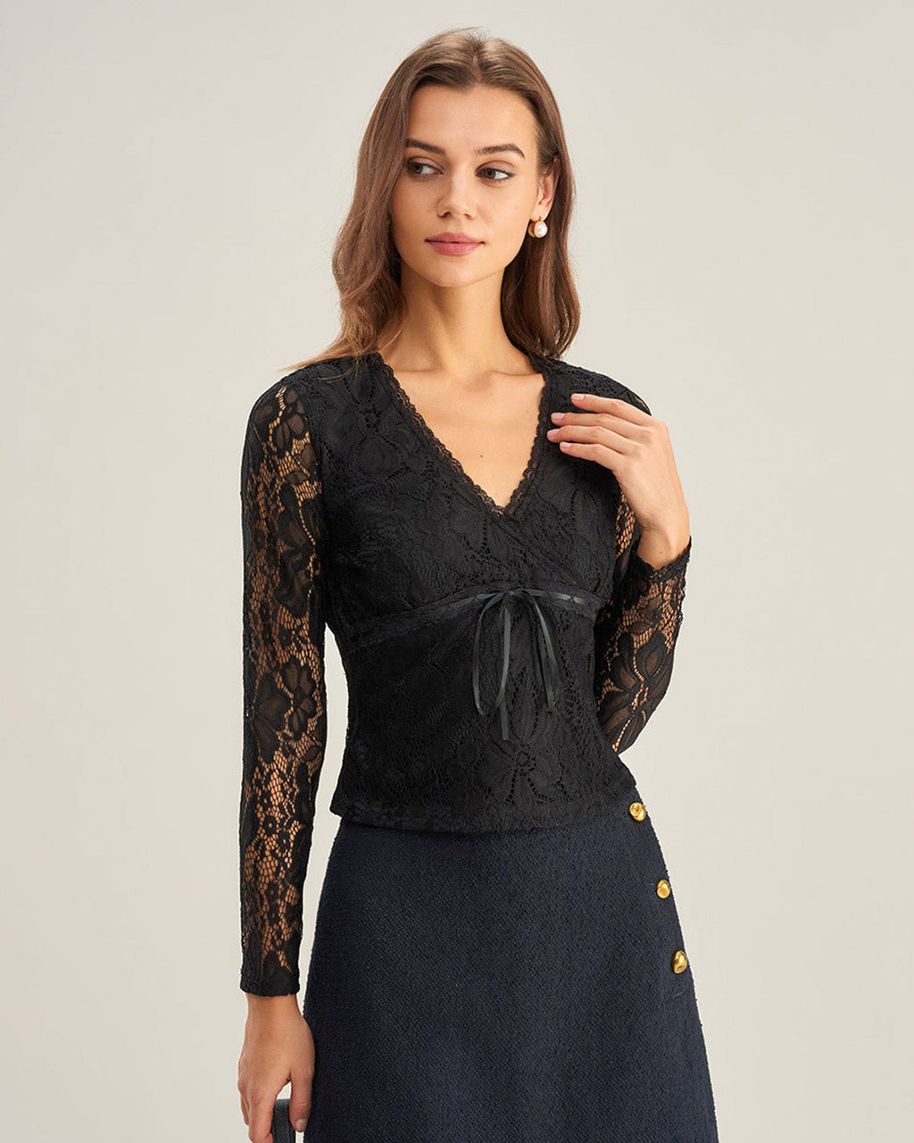Black V Neck Slim Lace Tee